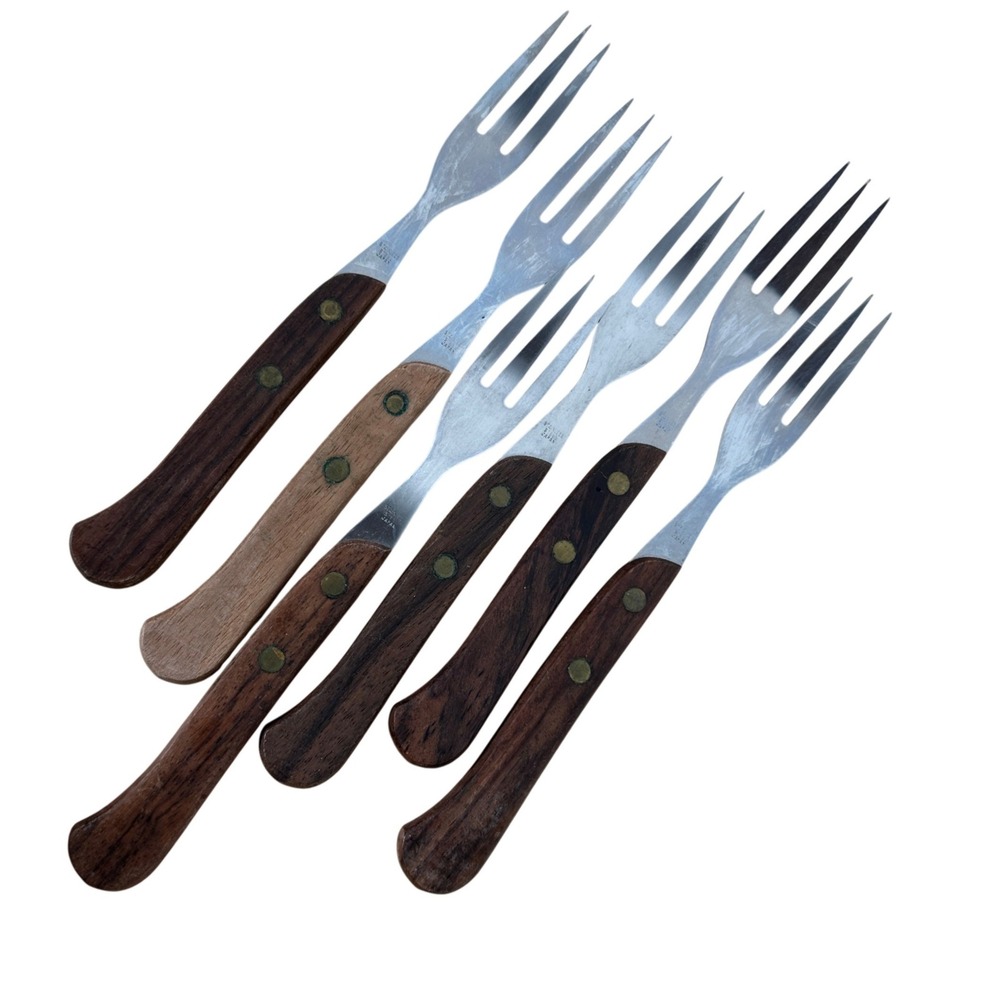 Vintage Scandi Mid Century Wood Appetizer Forks Stainless Japan Set‎